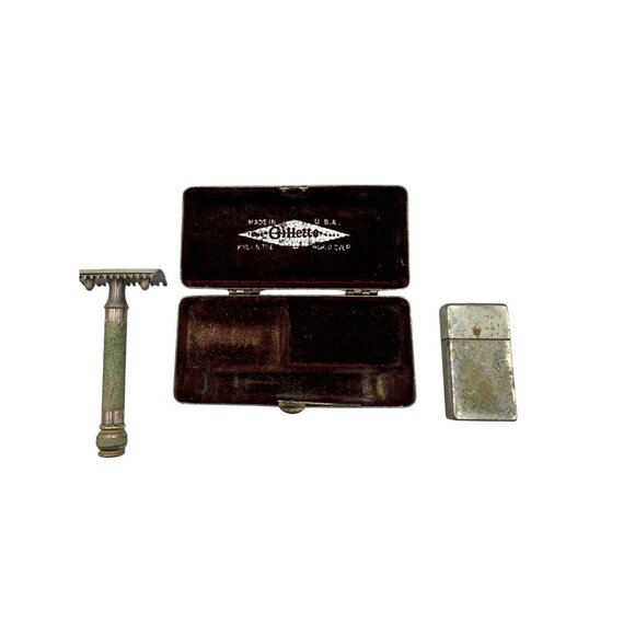 Antique Gillette Razor Set With Embossed Metal Case & Accessories USA-Made Razor - Picture 2 of 16